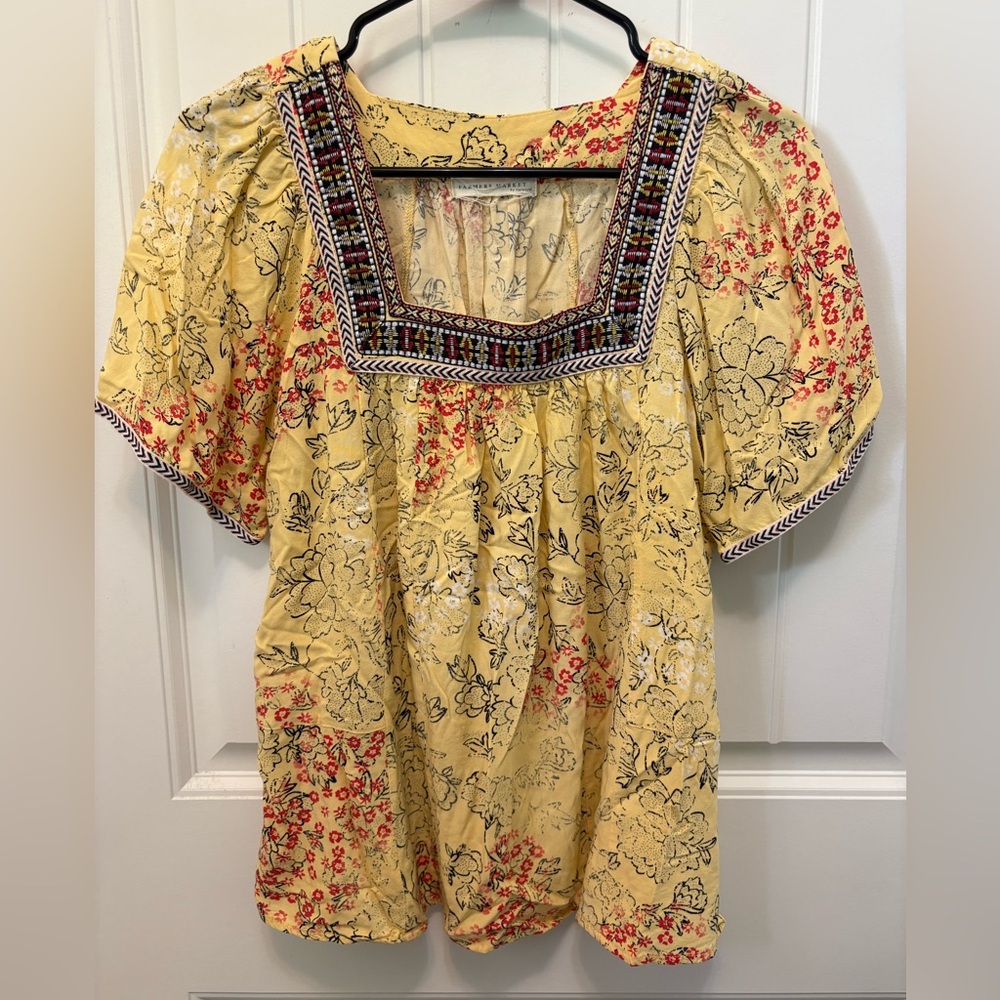 Farmer’s Market by One World Floral Embroidered Yellow Top. Size unknown.